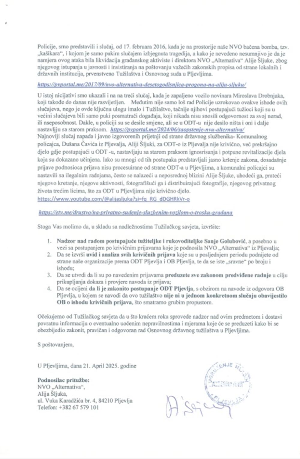 <p>U saopštenju se navodi da NVO "Alternativa" ističe da su brojne prijave koje je podnosila u ime građana i u cilju zaštite javnog interesa ostajale nerazmatrane, bez otvaranja postupaka i bez odgovora koji bi obrazložili takve odluke tužilaštva</p>