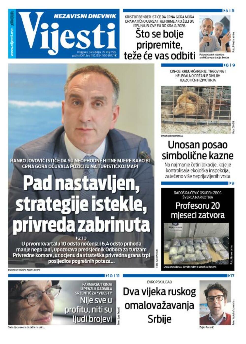 Foto: Naslovna strana Vijesti za 26. maj 2025.