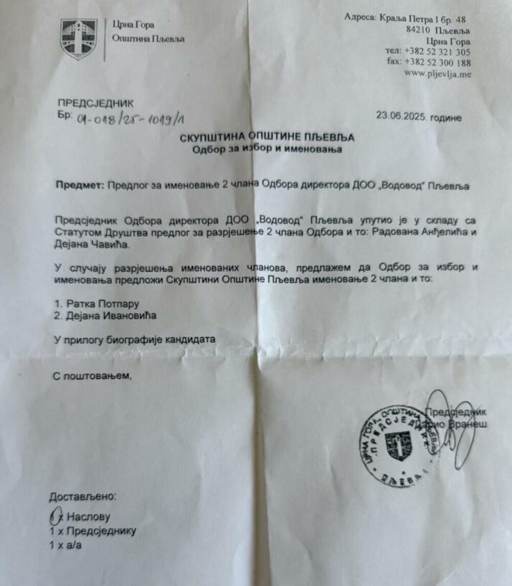 Dokument koji je uz reagovanje dostavio Andesilić