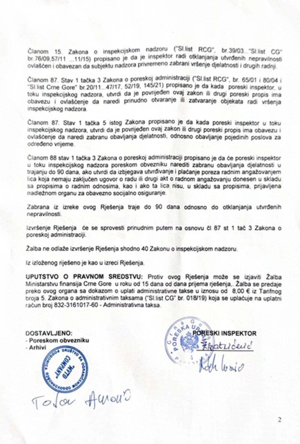 <p>"Jedini razlog privremenog zatvaranja objekta, prema zvaničnom rješenju Poreske inspekcije koje je na uvid dostupno javnosti, bio je zatečeno lice koje nije prijavljeno na obavezno osiguranje", poručio je Todor Đurović, direktor kompanije MVTÐ Company iz Podgorice u čijem sastavu posluje "Kobajagi pub"</p>