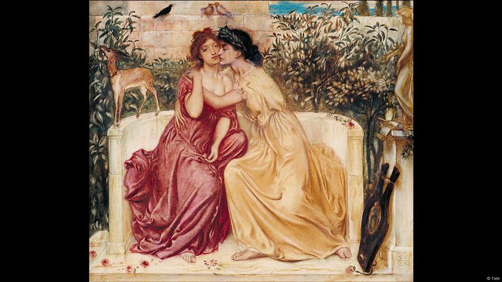 „Sapfo i Irina u vrtu u Mitileni“ slika Simeona Solomona (1840–1905) 