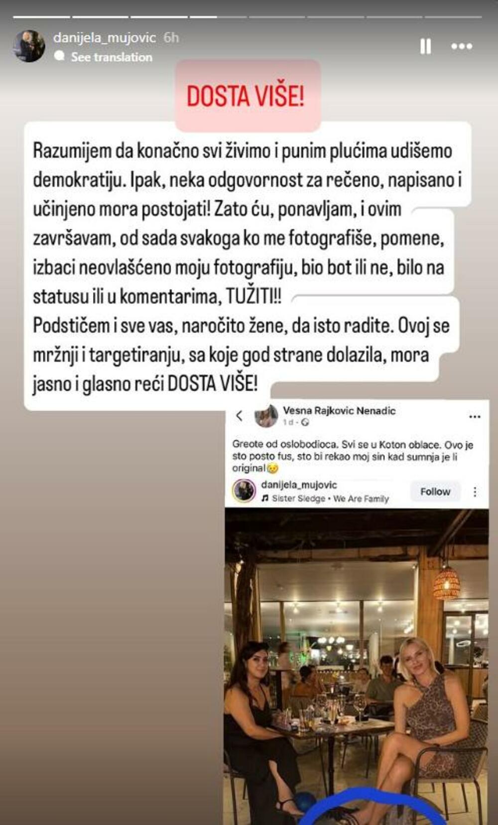 <p>Rajković Nenadić je na Fejsbuku objavila da je dobila poziv iz policije nakon što ju je prijavila žena gradonačelnika Podgorice da se izjasni na okolnosti objave o njenim papučama i dodala da će sa zadovoljstvom u ponedjeljak dati iskaz.</p>  <p>"Gospođu sam prijavila policiji zbog uznemiravanja a pokrenuću i druge sudske postupke protiv nje, pa neka sudijama objasni svoje motive za ovakav status" rekla je Mujović</p>