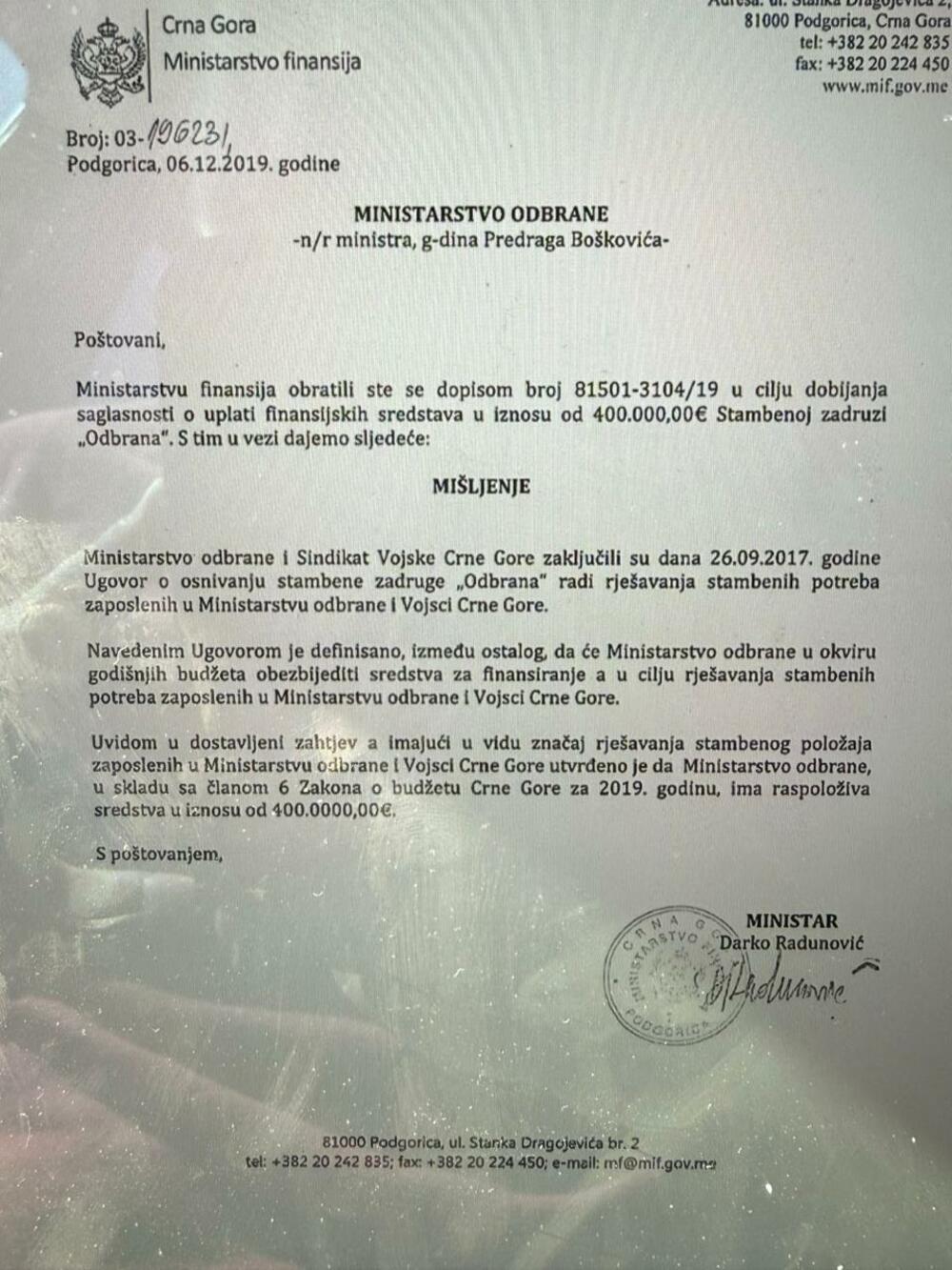 Dokument koji je Bošković dostavio Vijestima