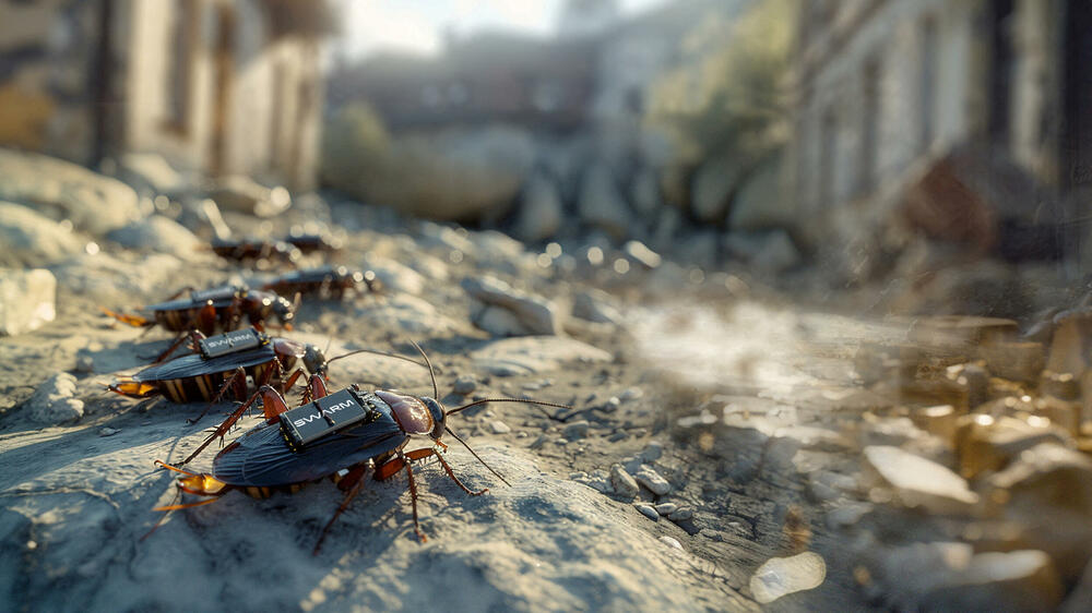 Digital illustration of cyborg cockroaches equipped to collect data