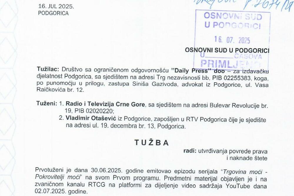 Faksimil naslovne strane tužbe, Foto: Vijesti