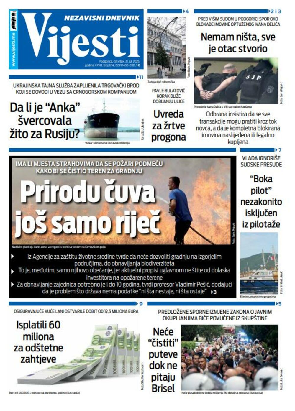 Naslovne strani črnogorskih časnikov razkrivajo osrednje teme 31. julija 2025