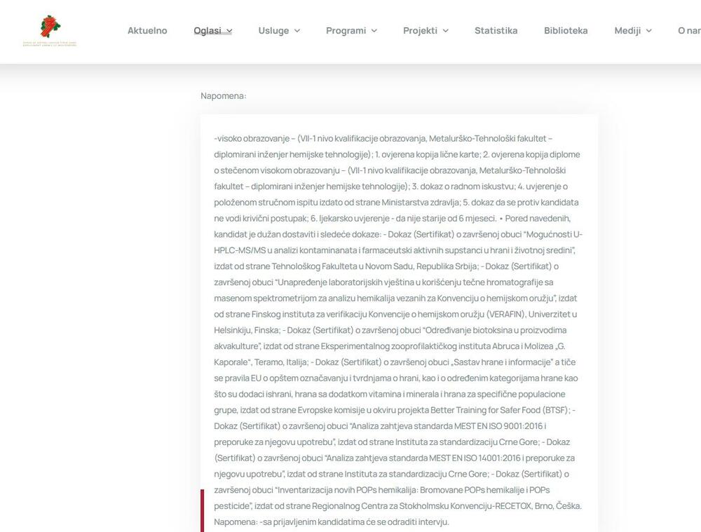 <p>"Cijenimo Vašu reakciju i uvjeravamo Vas da će u najkraćem roku biti objavljen novi oglas, u potpunosti usklađen sa važećim aktima i propisima", odgovorili su iz Instituta osobi koja je ukazala na nepravilnosti</p>
