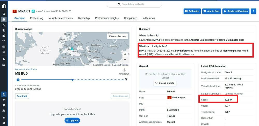 Podaci o registarciji i brzini glisera