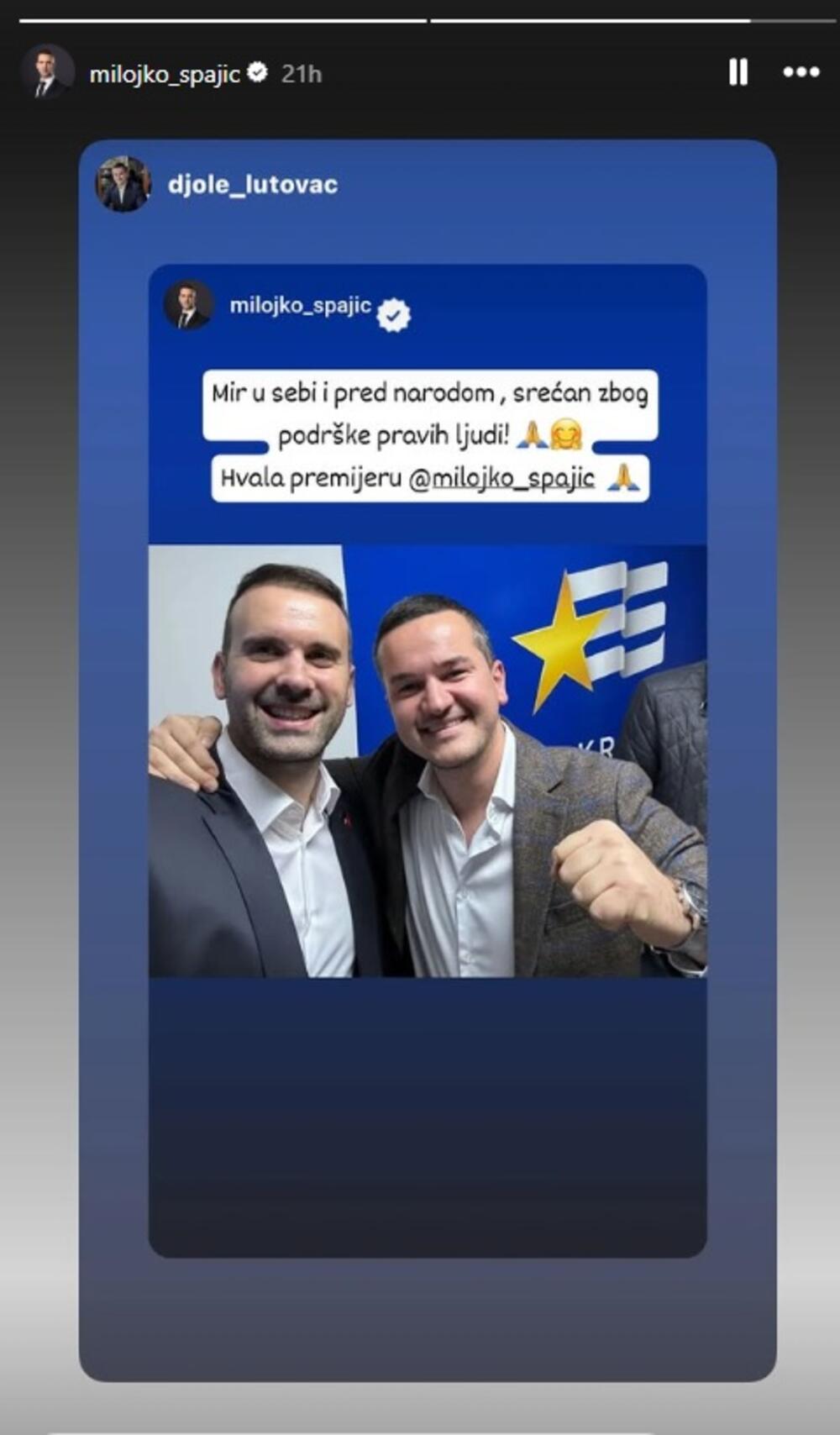 <p>Spajić je na storiju na Instagrmu objavio fotografiju na kojoj je zagrljen s Lutovcem, kao i poruku na kojoj mu se Lutovac zahvaljuje</p>