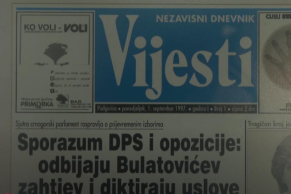 Prvi broj ND "Vijesti" izašao je 1. septembra 1997. godine, Foto: Screenshot/TV Vijesti