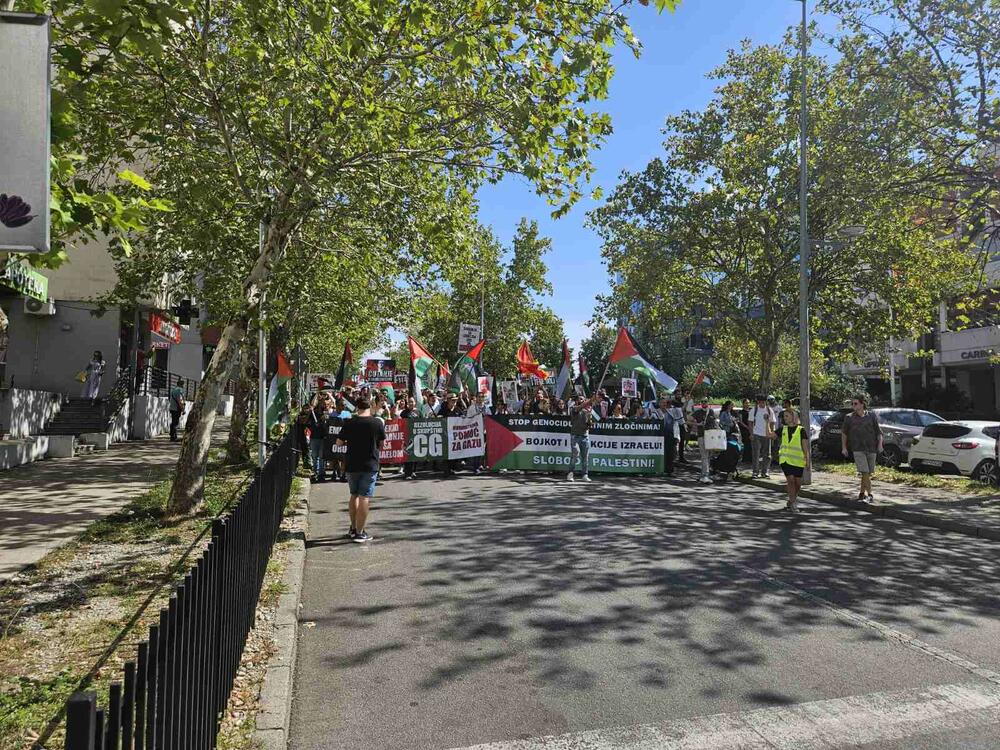 <p>Skup u Podgorici je organizovao Pokret solidarnosti sa Palestinom Crne Gore</p>  <p>Na protestu je učestvovalo više stotina građana</p>