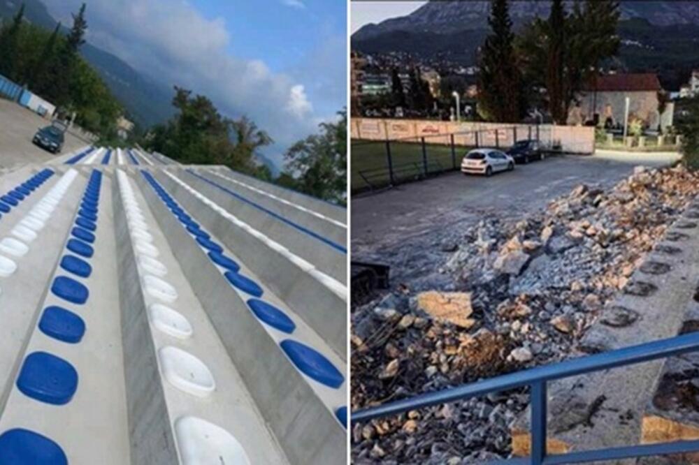 Novopostavljene tribine na stadionu FK Igalo 2021. i srušene tribine 2025., Foto: Screenshot