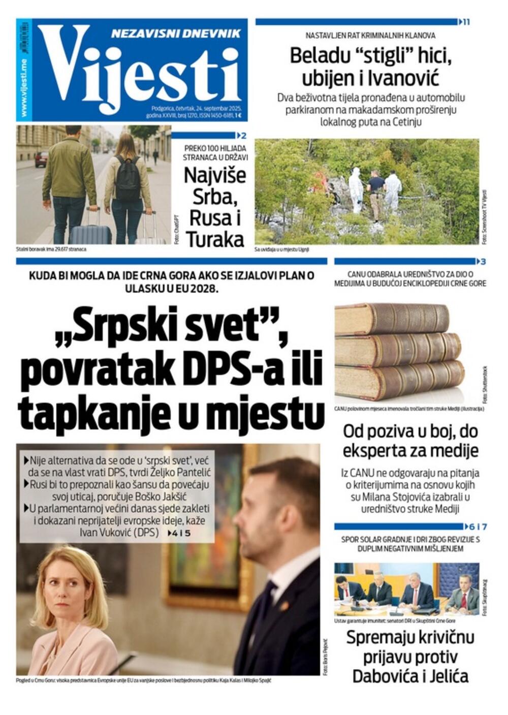 Naslovna strana "Vijesti" za 25. septembar 2025., Foto: ND Vijesti