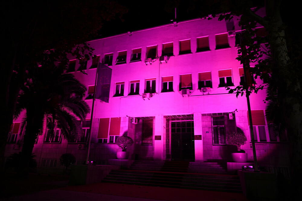 Črnogorska skupščina osvetljena v roza barvi v podporo mesecu ozaveščanja o raku dojke