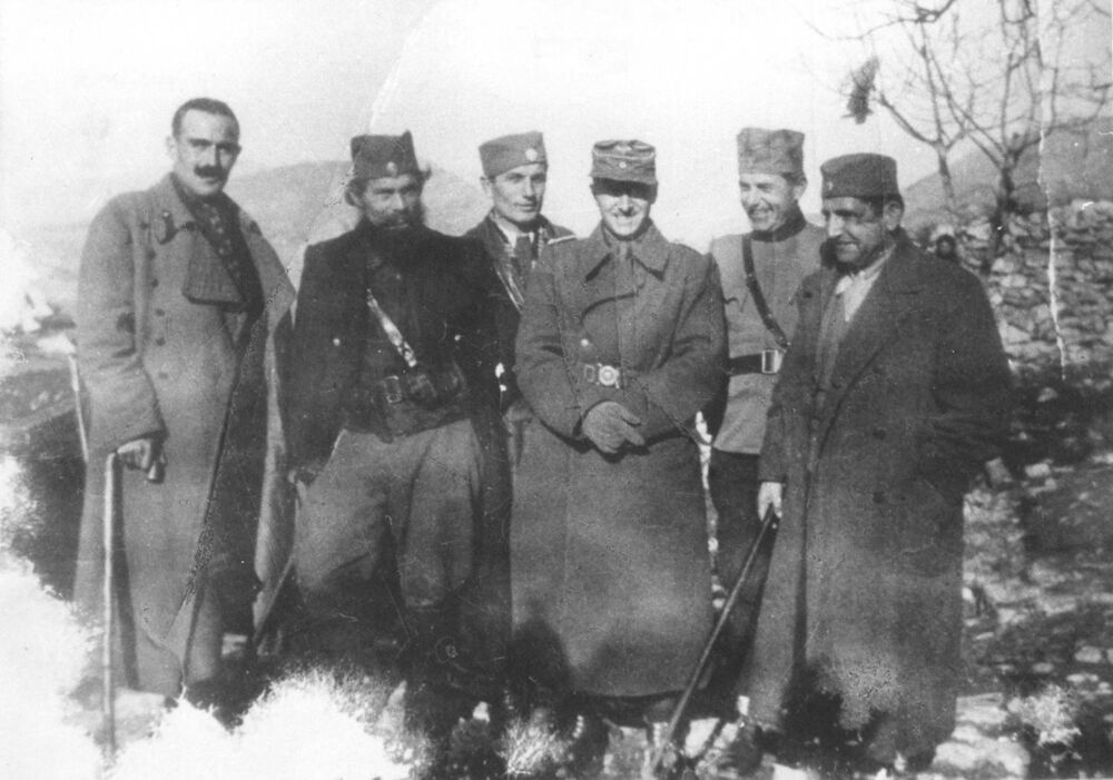 Đorđije Lašić (first from right), head of the German administration for Montenegro, Colonel Hajnke (third from right) and Jakov Jovović (second from left), spring 1944.