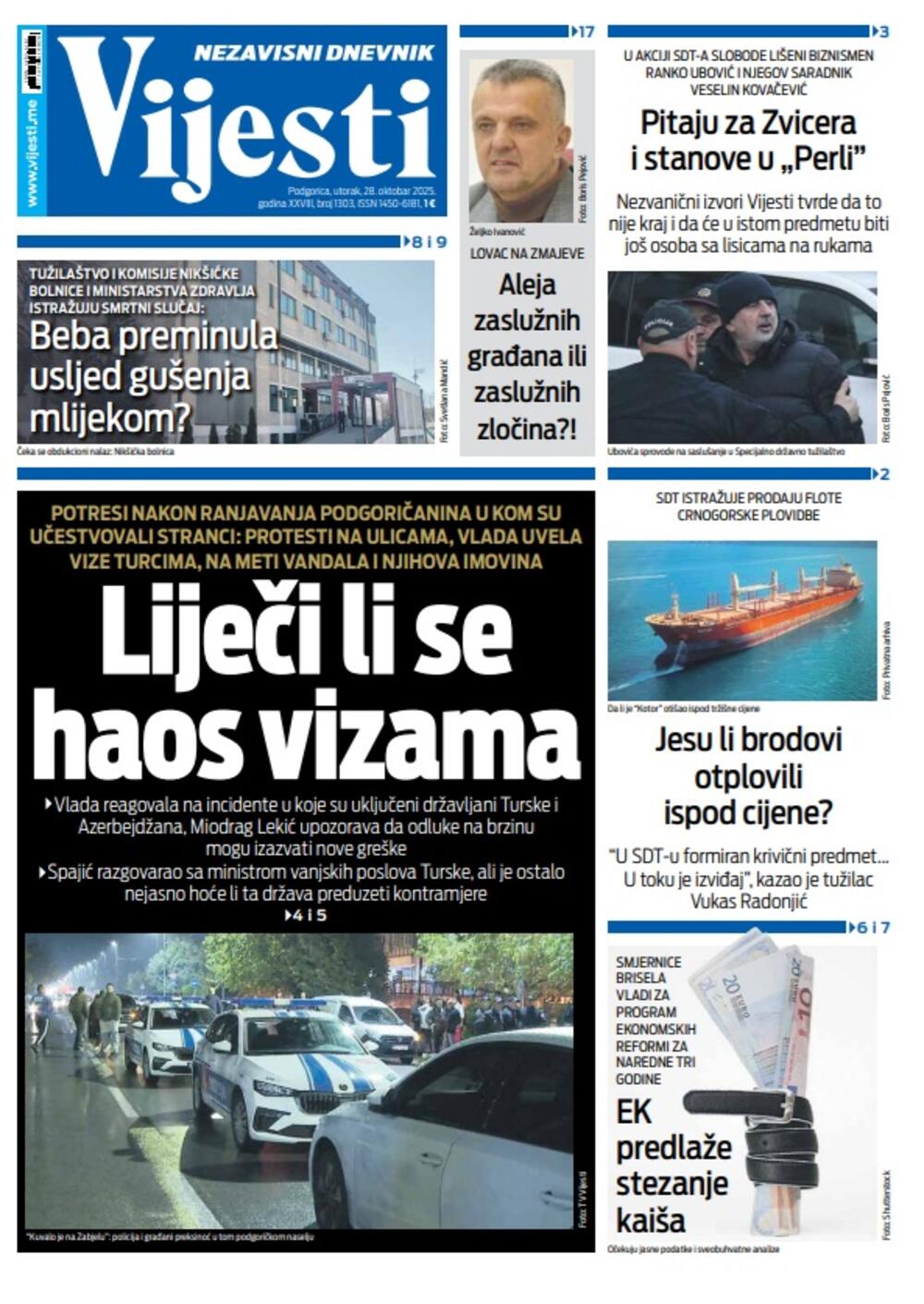 Naslovna strana "Vijesti" za 28. oktobar 2025., Foto: Vijesti