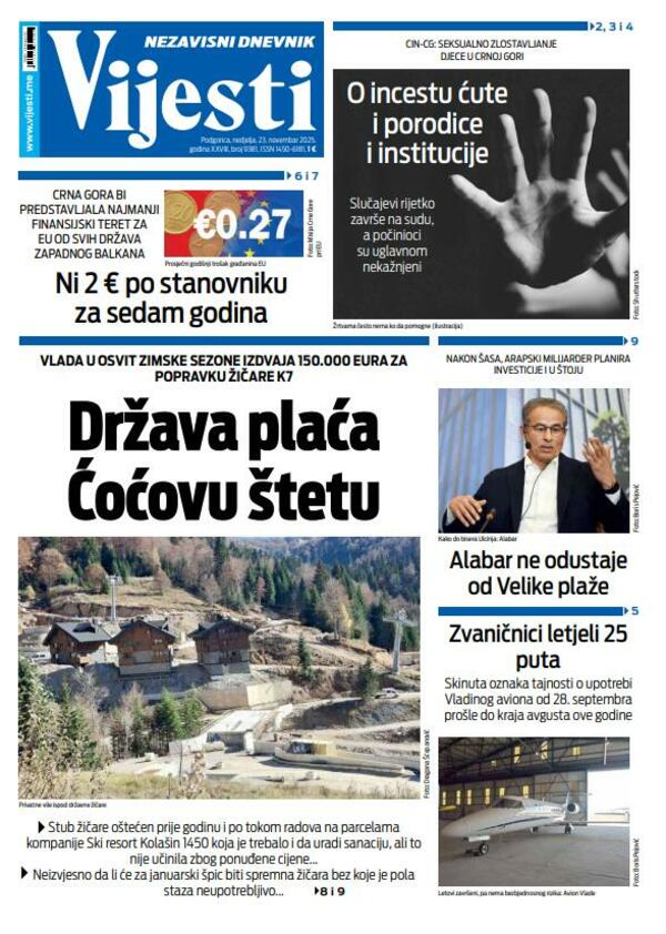Naslovna strana "Vijesti" za 23. novembar 2025.