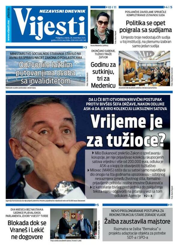 Naslovna strana "Vijesti" za 26. novembar 2025.