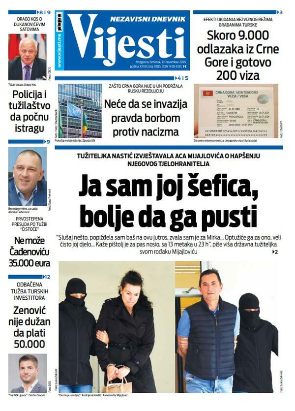 Naslovna strana "Vijesti" za 27. novembar 2025.