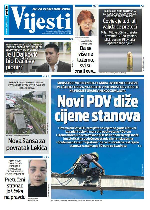 Naslovna strana "Vijesti" za 28. novembar 2025.