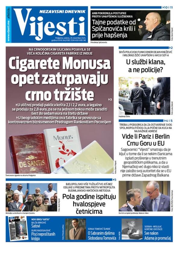 Naslovna strana "Vijesti" za 29. novembar 2025.