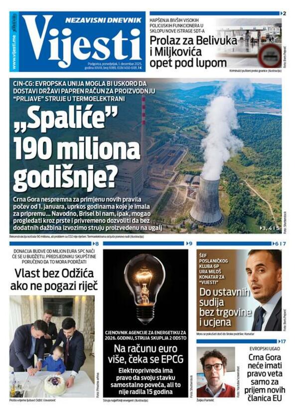 Naslovna strana "Vijesti" za 1. decembar 2025. godine