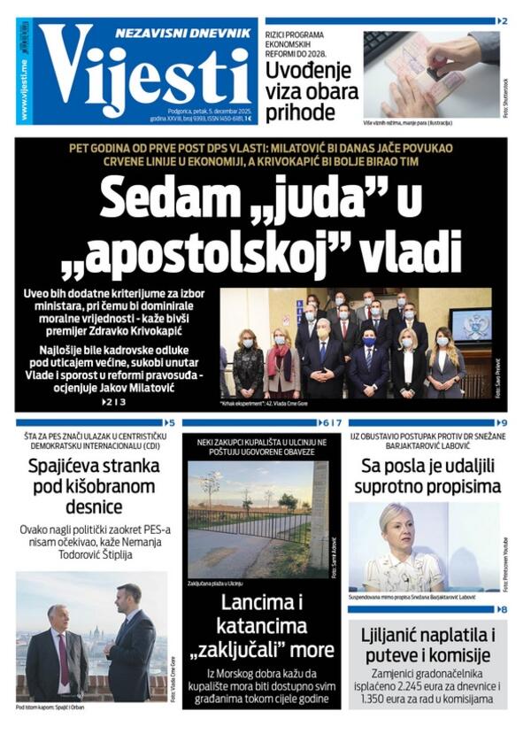 Naslovna strana "Vijesti" za 5. decembar 2025.