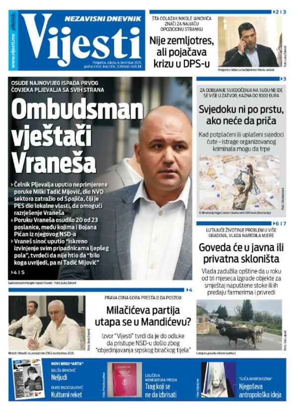Naslovna strana "Vijesti" za 6. decembar 2025.
