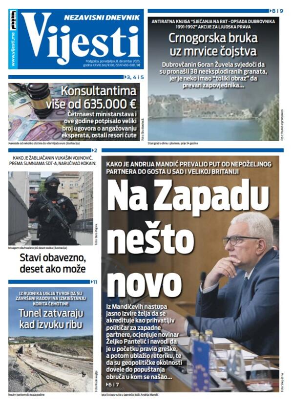 Naslovna strana "Vijesti" za 8. decembar 2025.