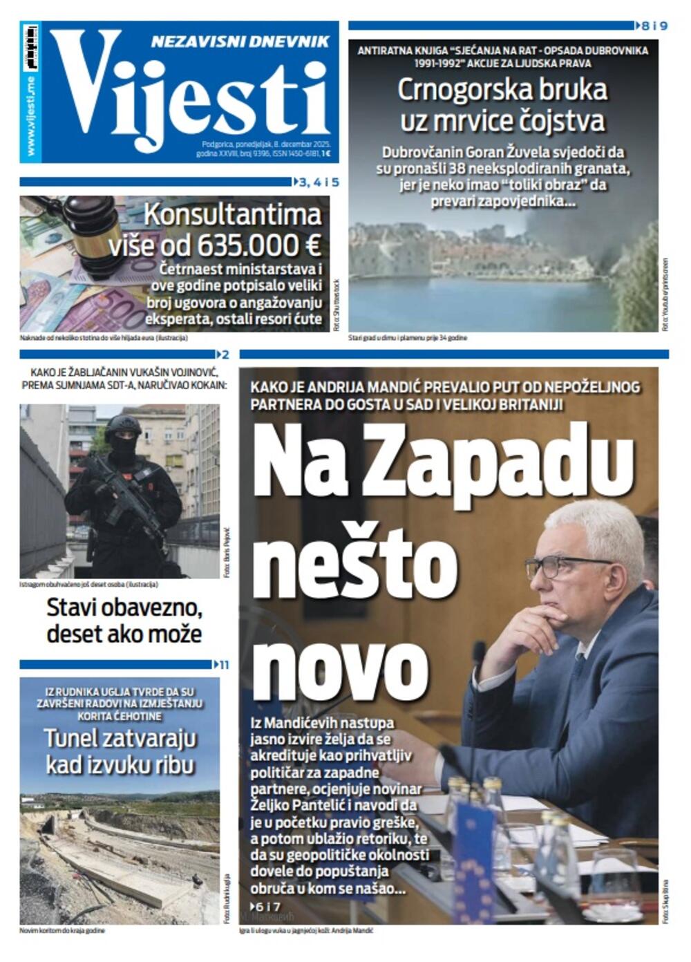 Naslovna strana "Vijesti" za 8. decembar 2025., Foto: Vijesti