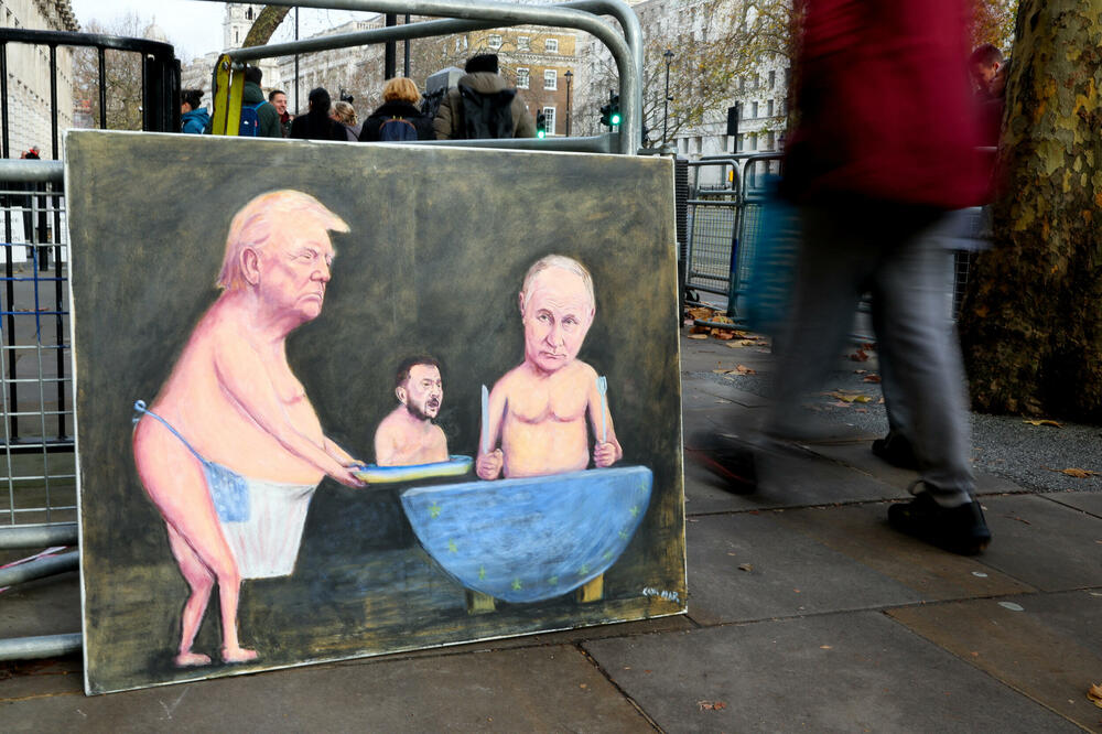 Rad satiričara Kaja Mara u Londonu, gdje se Zelenski prekjuče sastao sa liderima Francuske, Njemačke i Britanije, Foto: Rojters