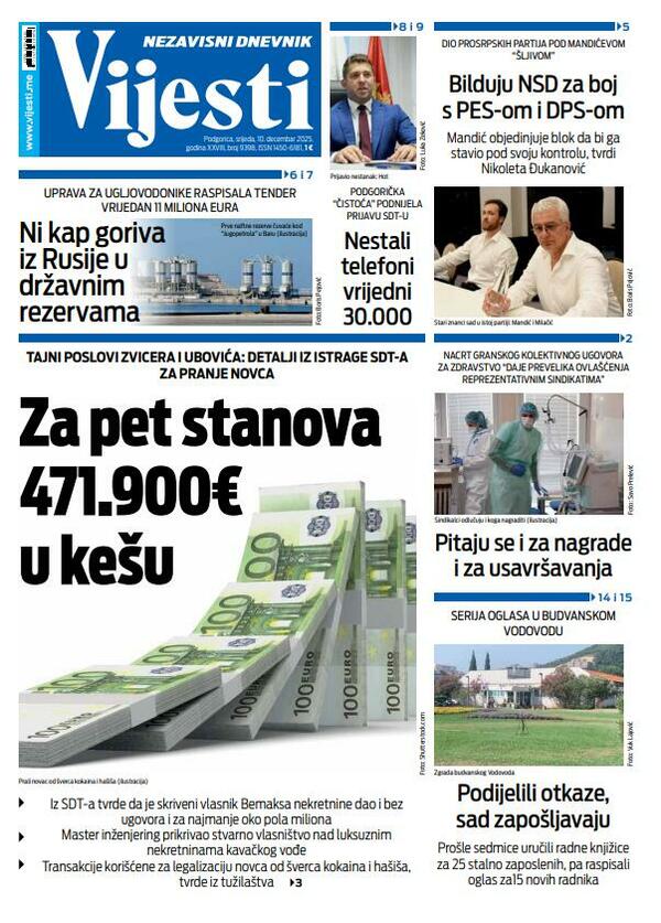 Naslovna strana "Vijesti" za 10. decembar 2025.