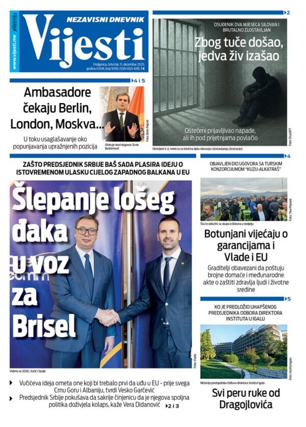 Naslovna strana "Vijesti" za 11. decembar 2025.