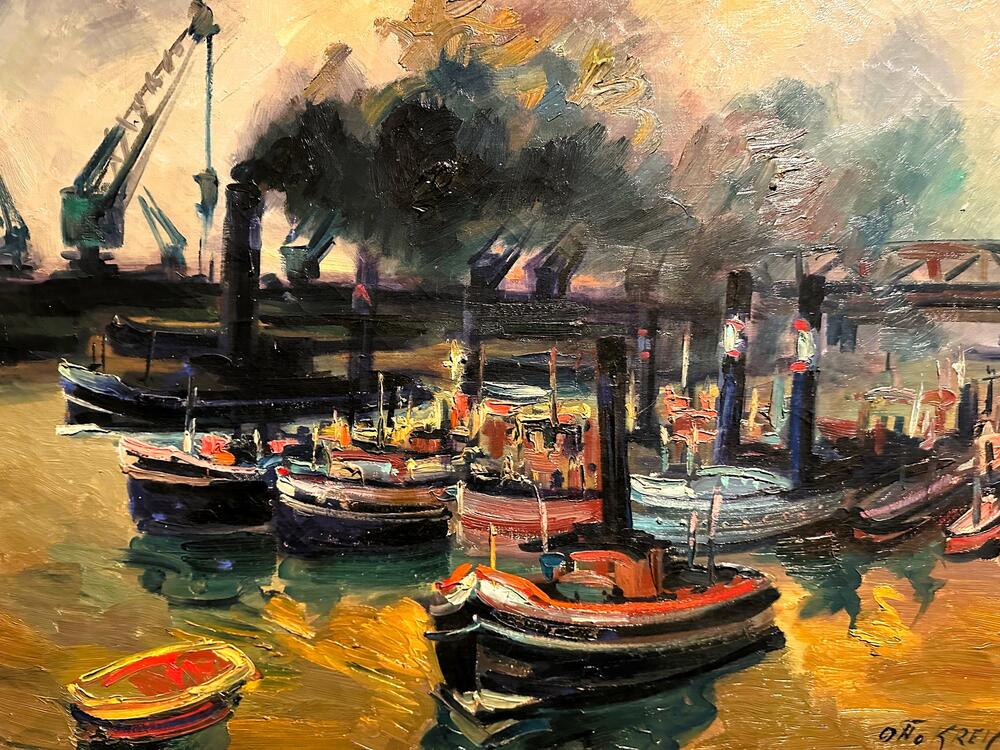 Oto Krajzeler, Tegljači u luci Duizburg, naslikano 1950