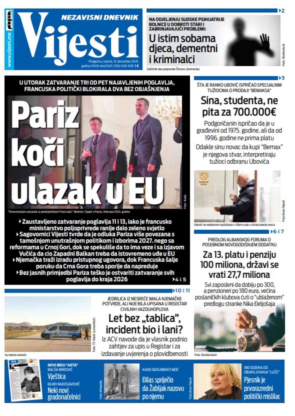 Naslovna strana "Vijesti" za 13. decembar 2025., Foto: Vijesti