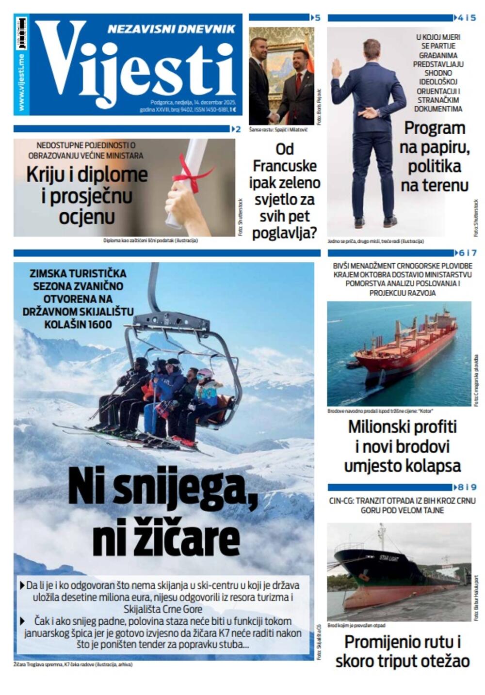 Naslovna strana "Vijesti" za 14. decembar 2025., Foto: Vijesti