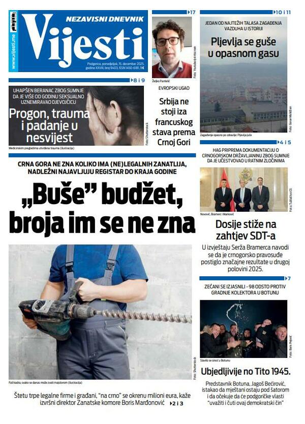 Naslovna strana "Vijesti" za 15. decembar 2025.