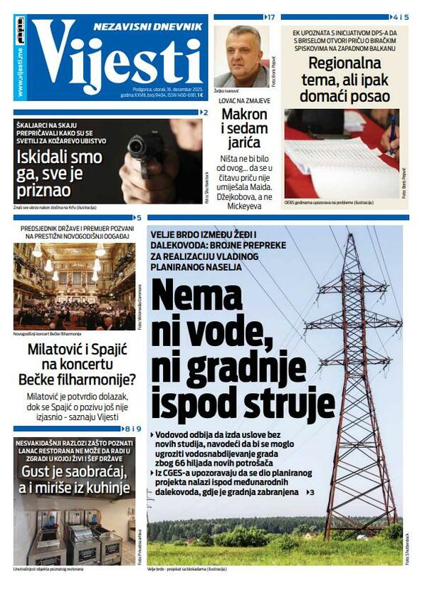 Naslovna strana "Vijesti" za 16. decembar 2025.