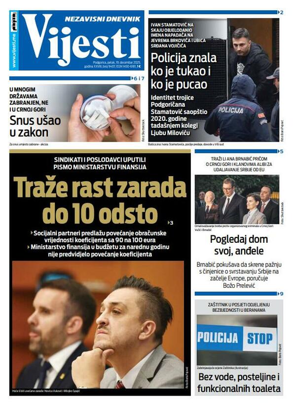 Naslovna strana "Vijesti" za 19. decembar 2025.