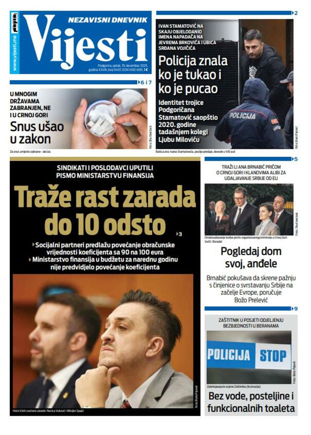 Naslovna strana "Vijesti" za 19. decembar 2025., Foto: Vijesti