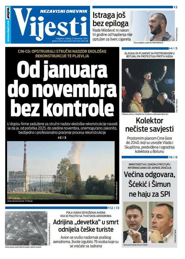 Naslovna strana "Vijesti" za 21. decembar 2025.