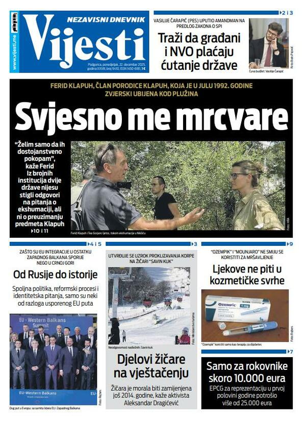 Naslovna strana "Vijesti" za 22. decembar 2025.
