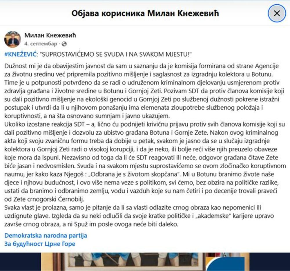 Objava MIlana Kneževića na Facebook