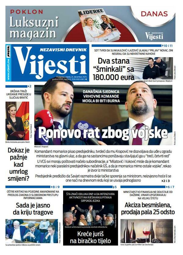 Naslovna strana "Vijesti" za 24. decembar 2025.