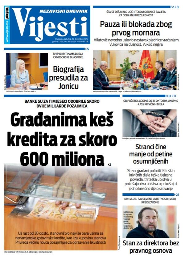 Naslovna strana "Vijesti" za 25. decembar 2025.