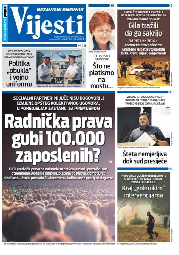 Naslovna strana "Vijesti" za 26. decembar 2025.