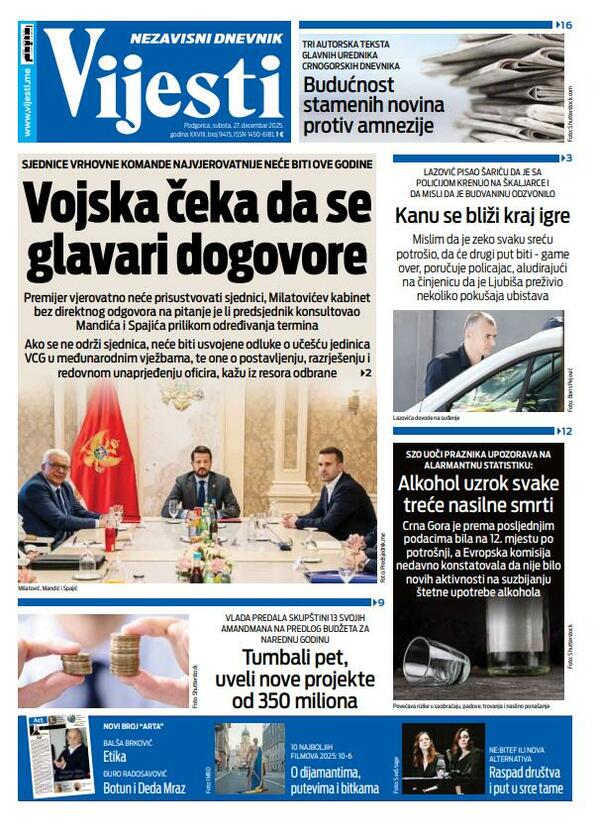 Naslovna strana "Vijesti" za 27. decembar 2025.