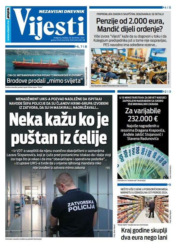 Naslovna strana "Vijesti" za 28. decembar 2025.
