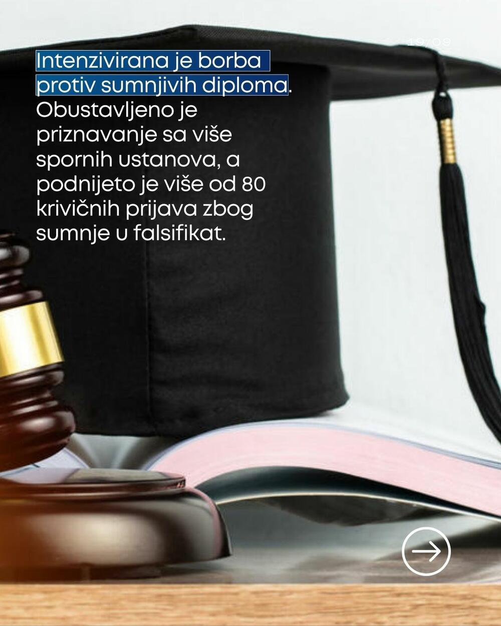 Intenzivirana je borba protiv sumnjivih diploma. Obustavljeno je priznavanje sa više spornih ustanova, a podnijeto je više od 80 krivičnih prijava zbog sumnje u falsifikat.