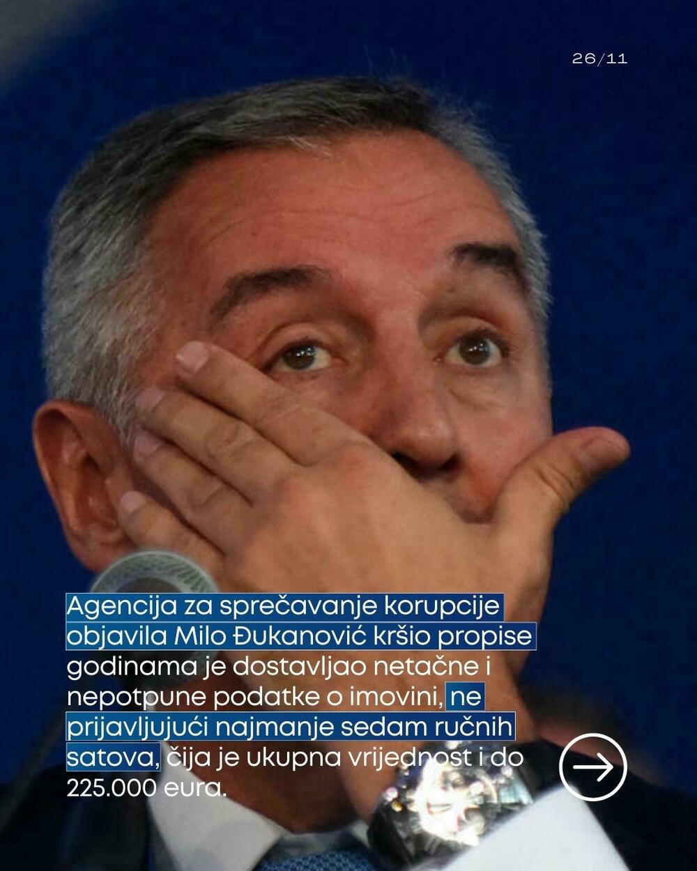 Agencija za sprečavanje korupcije objavila  Milo Đukanović krši propise godinama je dostavljao netačne i nepotpune podatke o imovini, ne prijavljujući najmanje sedam ručnih satova, čija je ukupna vrijednost i do 225.000 eura.